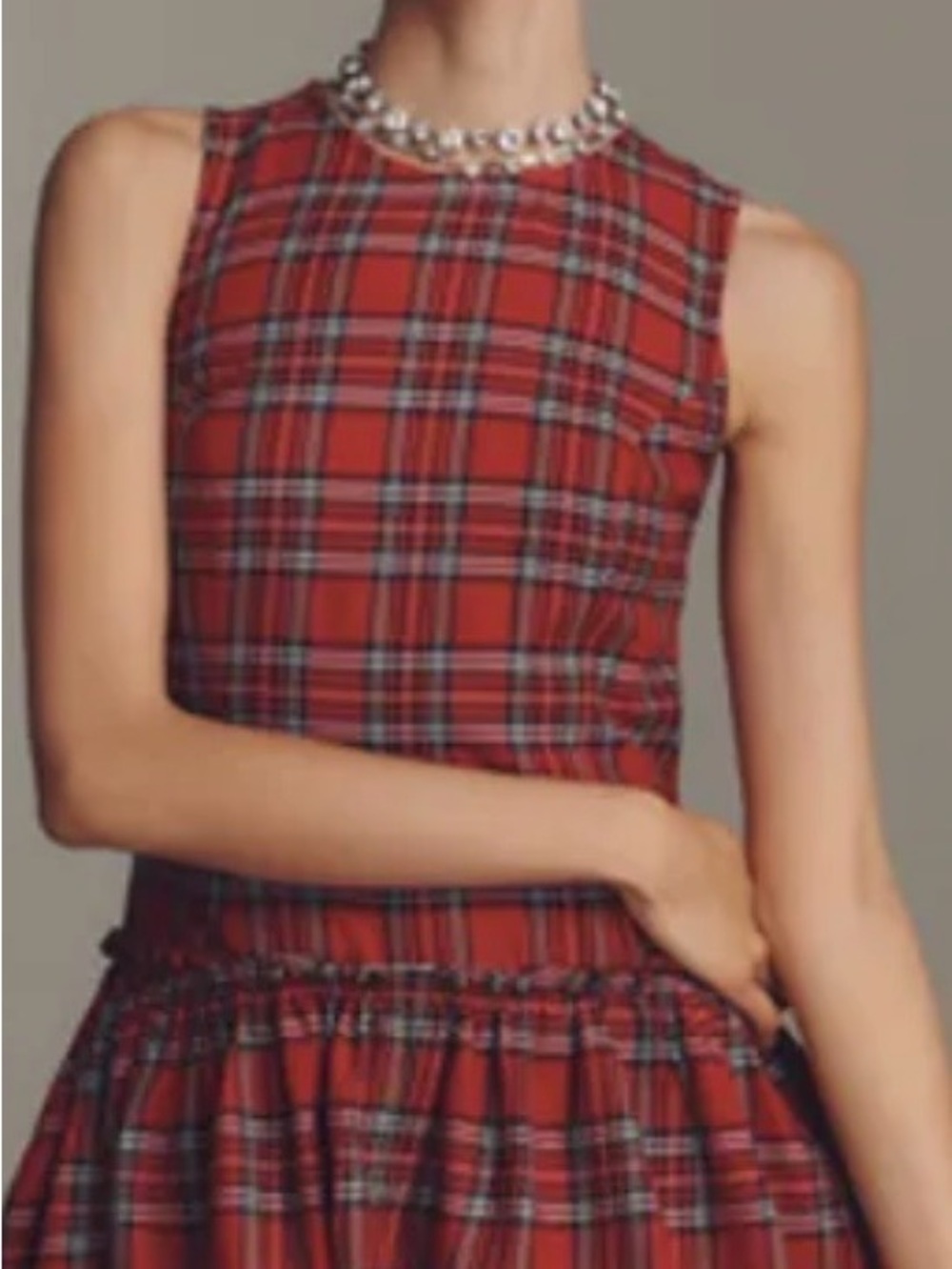 Porridge by anthropologie Red holiday Sleeveless plaid Mini Dress with Ruffle - Picture 2 of 8